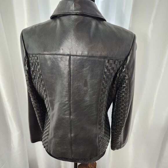 Kasper Vintage Womens Large Black 90s Genuine Leather Jacket Waffle Woven Moto - Picture 6 of 11
